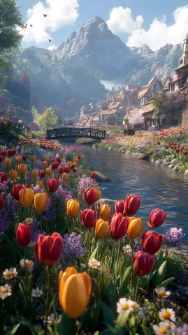 Vibrant Spring Landscape Scene — Midjourney v6 AI Prompt: a breathtaking spring landscape on a perfect sunny day. A lush green meadow cove...