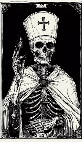 Skeleton Priest Tarot Card — Midjourney v6 AI Prompt: Simple detailed skeleton with a popes hat, simple traditional priest clothing wi...