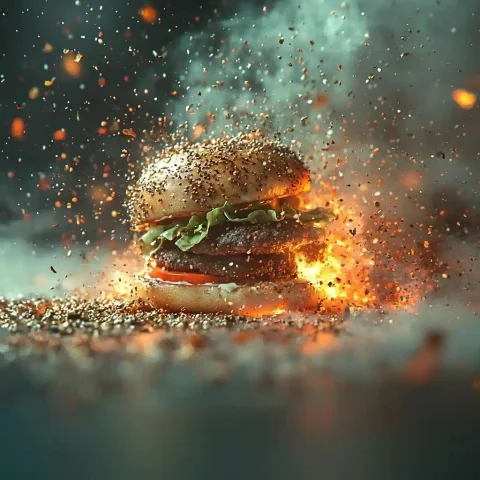 Cinematic Fiery Hamburger — Midjourney v6 AI Prompt: Flaming hamburger with a dark moody background. A burger with toasted buns, doub...