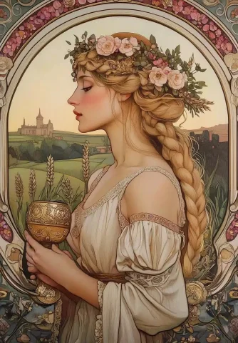 Harvest Queen in Nouveau — Midjourney v6 AI Prompt: A contemporary reinterpretation of Alphonse Mucha's Art Nouveau masterpiece, fea...