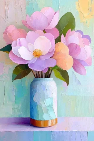 Abstract Expressionist Floral Vase — Midjourney v6 AI Prompt: A painting of flowers in a vase, in light green and purple tones, with an abstra...