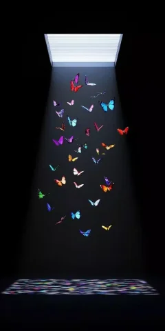 Colorful Butterflies Under Skylight — Midjourney v6 AI Prompt: In an empty room, a beam of sunlight shines down from the square skylight on the...
