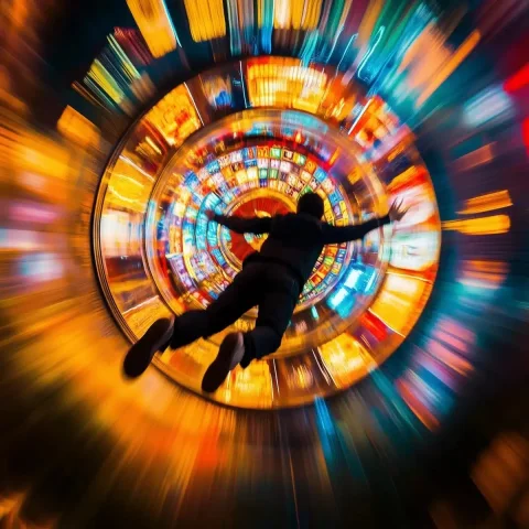 Abyssal Fall in Motion — Midjourney v6 AI Prompt: front view of a person falling on an abyss. the background is giant air tube wit...