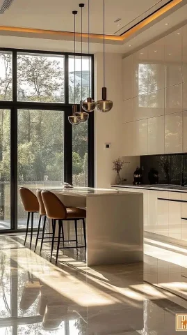 Modern Chinese Villa Kitchen — Midjourney v6 AI Prompt: A modern Chinese style high-end villa kitchen, sunny and bright light colored ca...