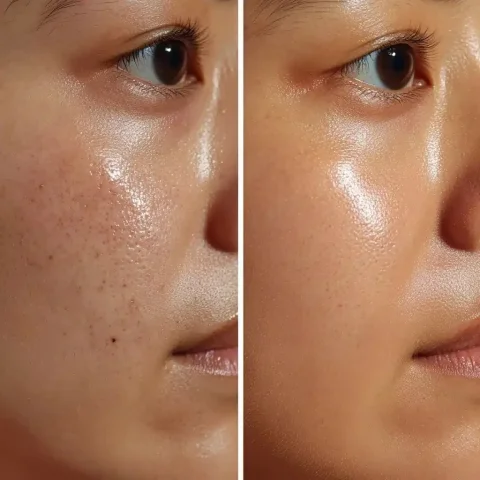 Skin Transformation Close-Up — Midjourney v6 AI Prompt: A realistic close-up of a person’s cheek, showing a clear ‘Before & After’ skin...