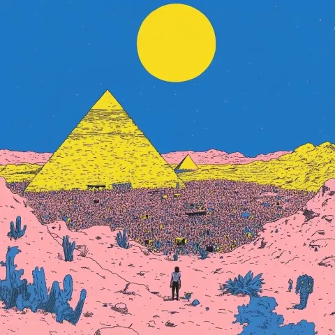 Psychedelic Festival by Pyramids — Midjourney v6 AI Prompt: Illustration of a huge music festival at the foot of the pyramids, in long shot,...