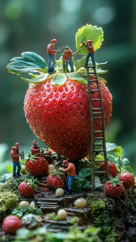 Miniature Gardeners with Strawberry — Midjourney v6 AI Prompt: A team of miniature gardeners is tending to a massive strawberry as if it were a...