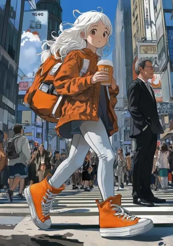 Anime Girl in Urban Scene — Midjourney v6 AI Prompt: In the style of Japanese anime, imagine an advertisement for "9540" sneakers fea...