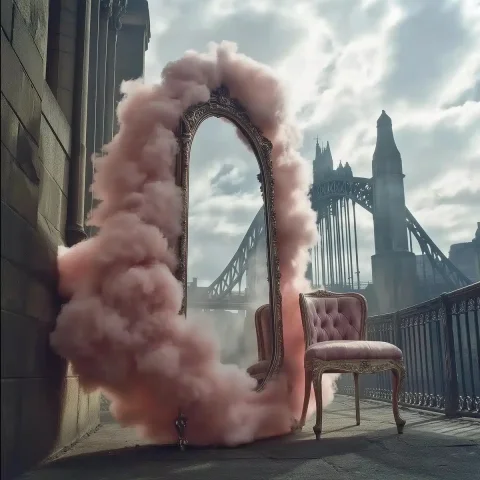 Realistic Pink Cloud Vanity — Midjourney v6 AI Prompt: Modern vanity mirror connected to armchair completely made out of pink clouds an...