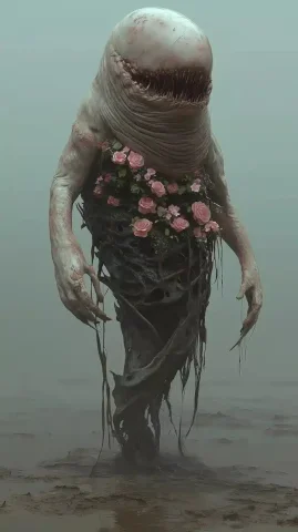 Whale Entity in Battlefield — Midjourney v6 AI Prompt: A towering whale entity rises with flowers from the depths of the murky battlefi...