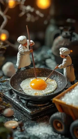 Miniature Chefs Cooking Scene — Midjourney v6 AI Prompt: A hyper-realistic miniature scene of tiny chefs cooking an egg in a frying pan o...