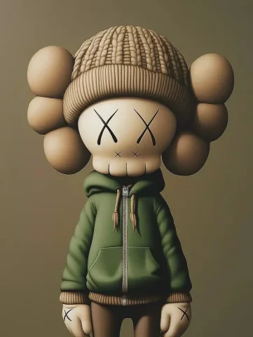 KAWS Character in Beanie — Midjourney v6 AI Prompt: a disney cartoon scene of a KAWS character wearing a beanie, green tan colors, n...
