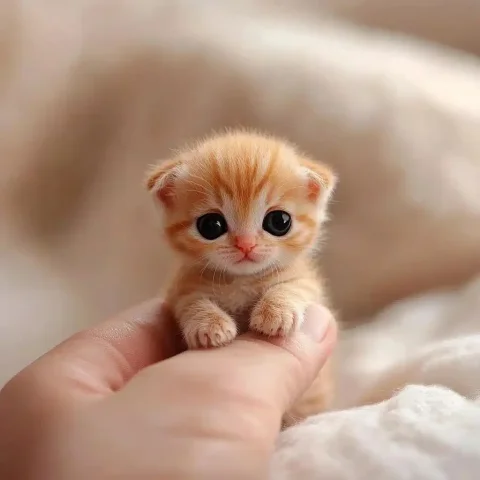 Tiny Ginger Kitten Photography — Midjourney v6 AI Prompt: A realistic photograph of an incredibly tiny, fluffy ginger Scottish Fold kitten...