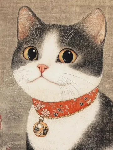 Jewelry Cat in Ukiyoe — Midjourney v6 AI Prompt: a cute cat , wear jewelry, Ukiyoe painting,style of Utagawa Hiroshige's woodbloc...