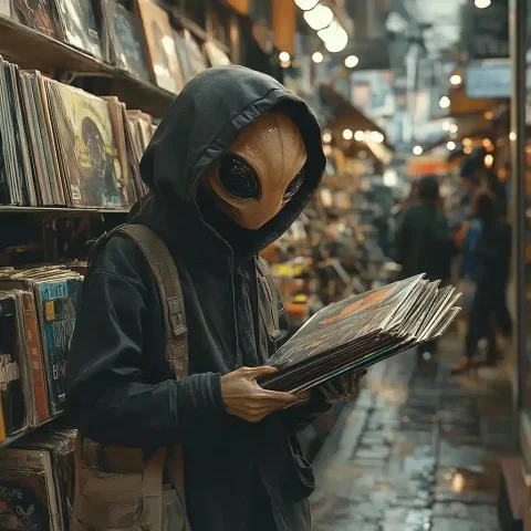 Urban Alien in Record Store — Midjourney v6 AI Prompt: HD, extremely high resolution, extremely high definition, an alien dressed in ur...