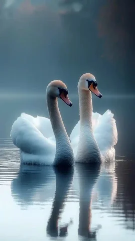 Swans on Reflective Lake — Midjourney v6 AI Prompt: 8K high-definition picture quality, artistic photography style, inspired by He F...
