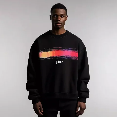 Glitch Print Streetwear Sweatshirt — Midjourney v6 AI Prompt: imagine print for textile sweatshirt using as a main theme "glitch" on a black w...