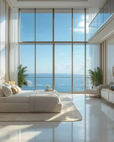 Luxurious Bedroom with Sea View — Midjourney v6 AI Prompt: A premium, luxurious bedroom bathed in bright daylight, featuring an expansive c...