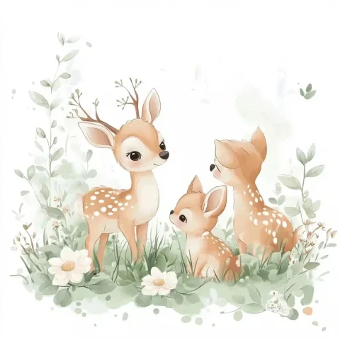 Cartoon Deer and Puppies — Midjourney v6 AI Prompt: A cute cartoon style with deer and puppies playing on the grass surrounded by li...