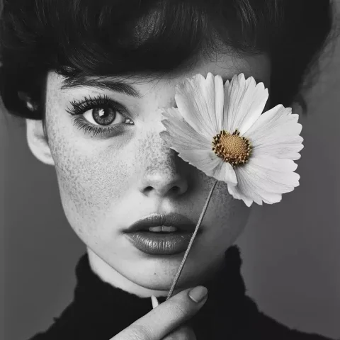 1960s Floral Portrait Photography — Midjourney v6 AI Prompt: black and white fine photography portraite of a woman from the 60s with a flower