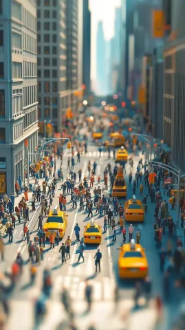 Tiny People in NYC — Midjourney v6 AI Prompt: Create a detailed scene in a tiny people world style, set in the busy streets of...