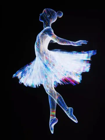 Abstract Ballerina Hologram Performance — Midjourney v6 AI Prompt: Vision, long distance shot, abstract hologram of a little girl ballerina perform...
