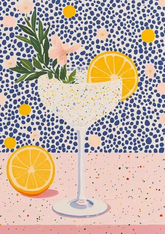 Folk Art Martini Illustration — Midjourney v6 AI Prompt: MARTINI COCKTAIL, in the style of folk art-inspired illustrations, bold patterne...