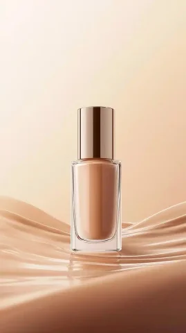 Minimalist Foundation Bottle Poster — Midjourney v6 AI Prompt: A modern cosmetic product poster showcasing a translucent bottle with a sleek mi...