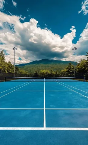 Photorealistic Tennis Court Landscape — Midjourney v6 AI Prompt: A photograph of an empty blue tennis court with white lines, overlooking the New...