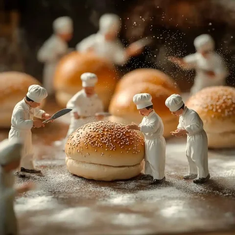 Miniature Chefs Baking Buns — Midjourney v6 AI Prompt: Tiny miniature chefs in white uniforms preparing giant burger buns. Some chefs u...