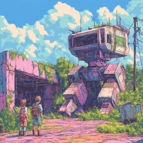 Pixel Art Mecha Ruins — Midjourney v6 AI Prompt: Highly detailed pixel art, an intricate dot-art game screen, an abandoned ruin,...