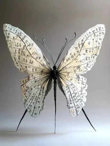 Calligraphic Butterfly Sculpture — Midjourney v6 AI Prompt: Fiber optic paper sculpture, a butterfly with super long wings, the huge wings a...