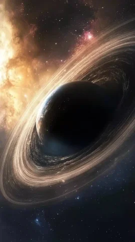 Celestial Planets Around Black Hole — Midjourney v6 AI Prompt: 08031801 63 63. A distant star system with planets orbiting a massive black hole...