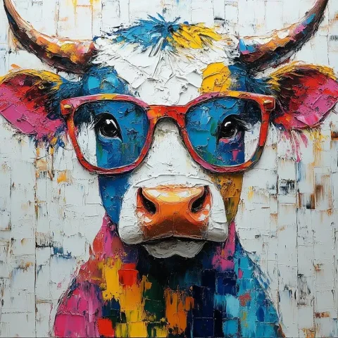 Vibrant Cow in Glasses — Midjourney v6 AI Prompt: A beautiful painting of an Cow wearing glasses, with bright and vibrant colors a...