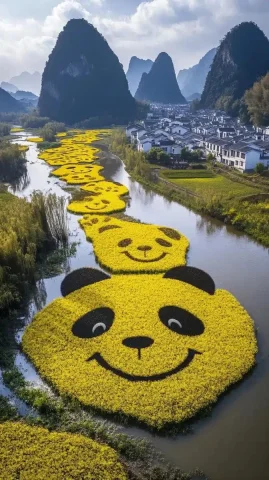 Panda Patterned Flower Field — Midjourney v6 AI Prompt: A breathtaking aerial view of a vast rapeseed flower field forming a giant, smil...