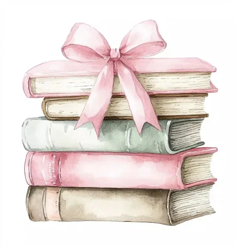 Vintage Watercolor Book Stack — Midjourney v6 AI Prompt: Watercolor painting of a beautiful stack of books with a pink bow, in faded blus...