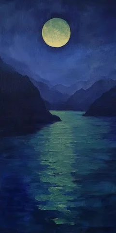 Eerie Moon Over Water — Midjourney v6 AI Prompt: A moon floating far above the waterline, an eerie mist covers the water, detaile...