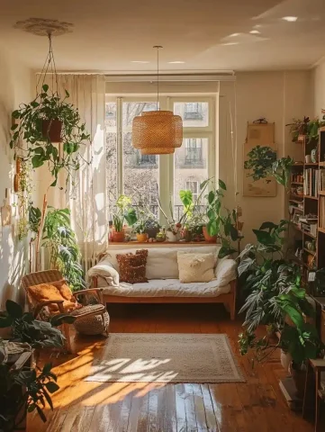 Bohemian Living Room Photo — Midjourney v6 AI Prompt: a photo of an apartment living room with wooden floors, plants and cozy boho dec...