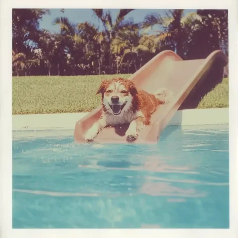 Polaroid of Dog Sliding — Midjourney v6 AI Prompt: a front view polaroid shot of a big, funny, furry and fluffy dog sliding down th...