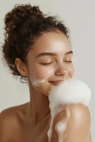 Realistic Model Applying Soap — Midjourney v6 AI Prompt: A young European model with her back to the camera, applying soap to one shoulde...