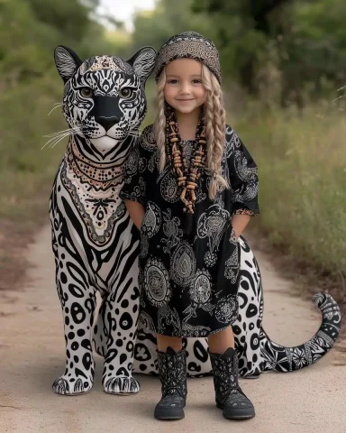 Toddler and Panther Portrait — Midjourney v6 AI Prompt: a national geographic photo of a stunning smiling toddler female standing on the...