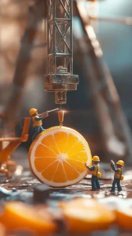 Miniature Workers Juicing Mandarin — Midjourney v6 AI Prompt: Hyper-realistic macro shot of miniature construction workers carefully loading a...