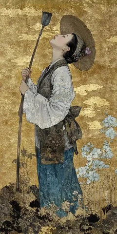 Chinese Farmer in Field — Midjourney v6 AI Prompt: A young Chinese woman doing farm work looking up at the sky, wearing a farmer's...