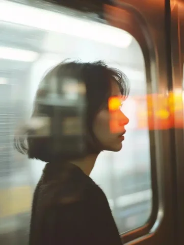Blurry Subway Reflection Photography — Midjourney v6 AI Prompt: A blurry photograph of a woman standing in front of a subway car, captured by a...