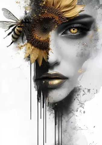 Polygonal Woman with Sunflower — Midjourney v6 AI Prompt: A woman's face with a sunflower and bee, in the style of a black, white, gold, a...
