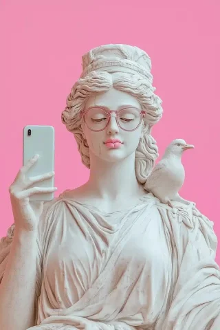 Hera Statue with Phone — Midjourney v6 AI Prompt: poster of greek goddess hera statue wearing glasses and holding holding HUAWEI M...