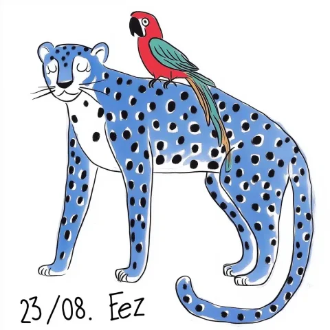Matisse-Style Leopard with Parrot — Midjourney v6 AI Prompt: A simple drawing of an anthropomorphic leopard with royal blue body colour white...