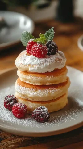 Fluffy Souffl Stack Illustration — Midjourney v6 AI Prompt: three fluffy soufflé or pancake stacked together, topped with berries and cream,...