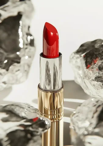 Luxurious True Red Lipstick — Midjourney v6 AI Prompt: a lipstick promotional poster, lipstick shade true red, packaging with silver, g...