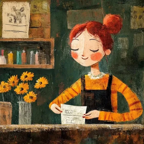 Carle-Style Woman Cashing Check — Midjourney v6 AI Prompt: Eric carle style children’s book illustration of a content woman cashing a check